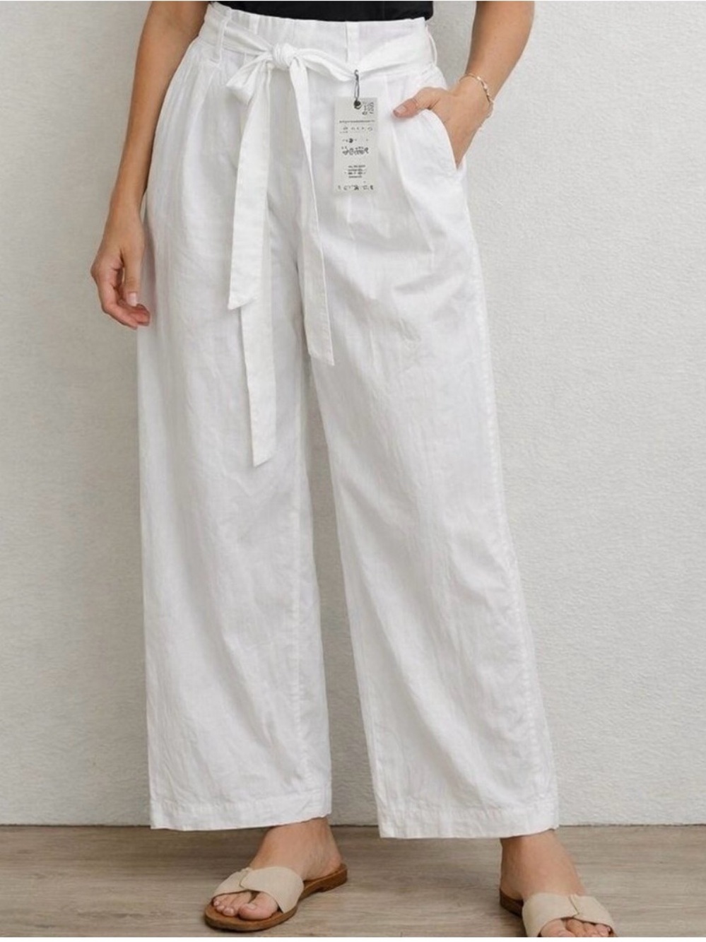 Zara White Wide-Leg Tie-Waist Pants